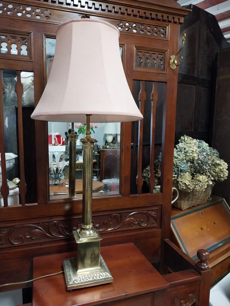 Tall Vintage Corinthian Column Solid Brass Table Light. Standing 37.5" tall including shade on 7" square base. Light is in very good condition