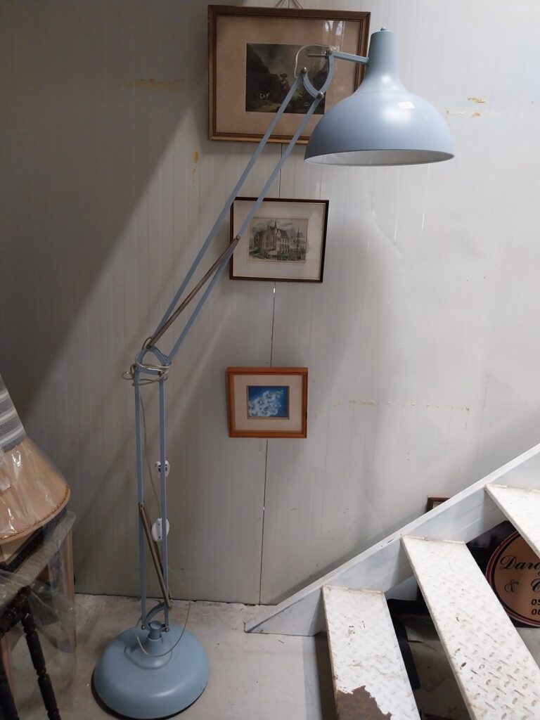 Oversized Powder Blue Anglepoise Floor Lamp. Retro Style. Size when fully extended 70" Shade 15.5" Base 13.5" €165