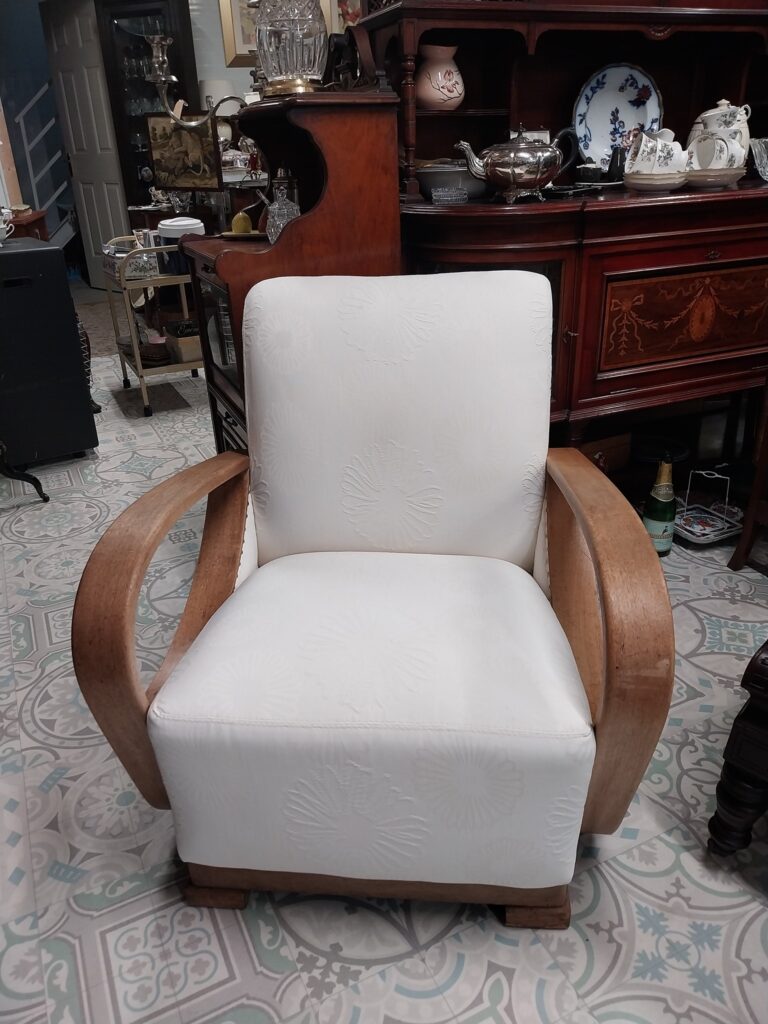 1920s Art Deco Oak Arm Chair, newly upholstered in Self Pattern Heavy Embossed Jacquard Fabric. Excellent condition (Four Available). Measures 39" wide by 39" deep by 33" high €220 each