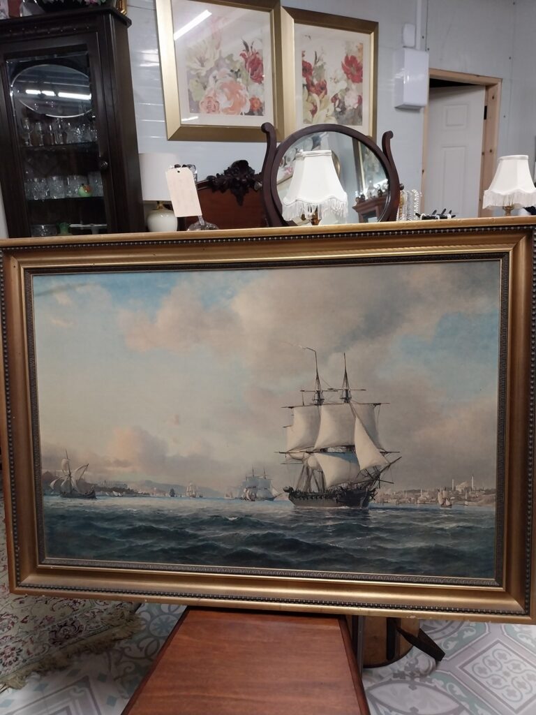 Gilt Framed Print "Golden Horn" After Painting by A Melbye Paris 1858. Frame measures 40" inches by 39" Excellent Condition.