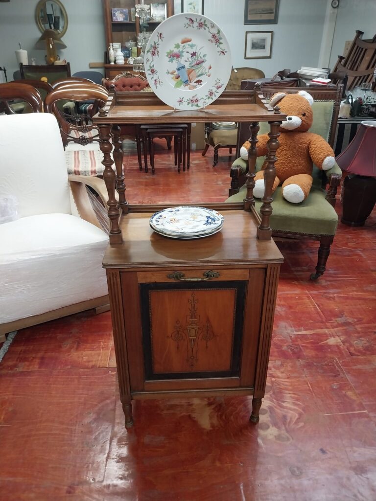 Late Victorian Inlaid Walnut Coal Cabinet. Measures 18.5" wide by 15" deep by 40" high.
