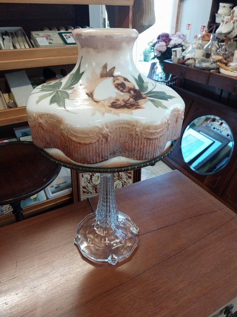 Antique Glass Table Lamp, fitted with Hand Painted Edwardian Milk Glass Shade. Measures 19" high base of shade 11.5" on 6.5" base. Rewired and working.