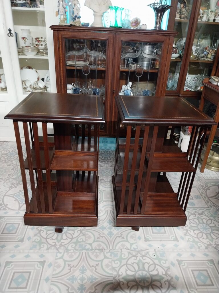 Pair of Antique Inlaid Rosewood Revolving Bookcase. Beautiful condition. Measures 32" high by 18.5" square