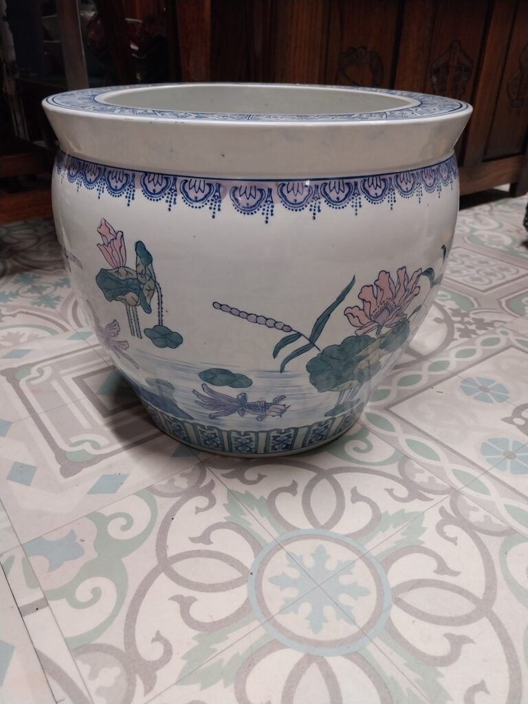 Extra Large Vintage Chinese Glazed Ceramic Planter with Drainage Holes. In excellent condition. Measures 14" wide by 12" high