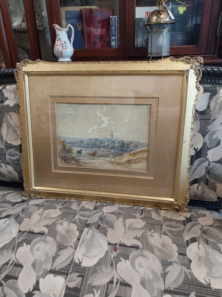 One of a Pair of Water Colours By Henry Earp Senior (1831-1914) Landscape in original gilt frame. Signed. Circa 1890. Horses and Cattle with Abbey in Background. Measures 28" by 22"