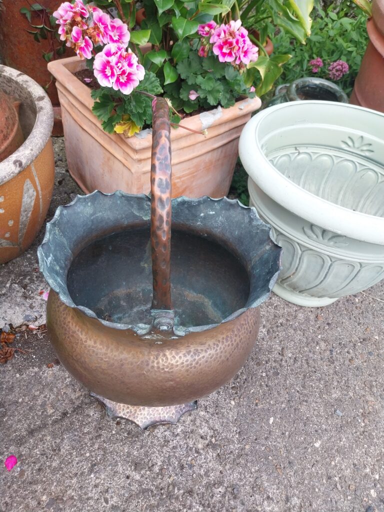 Antique Hand Forged Hammered Copper Coal Bucket. Circa 1890. Measures 23.5" high including handle, 14" wide on 12" base.