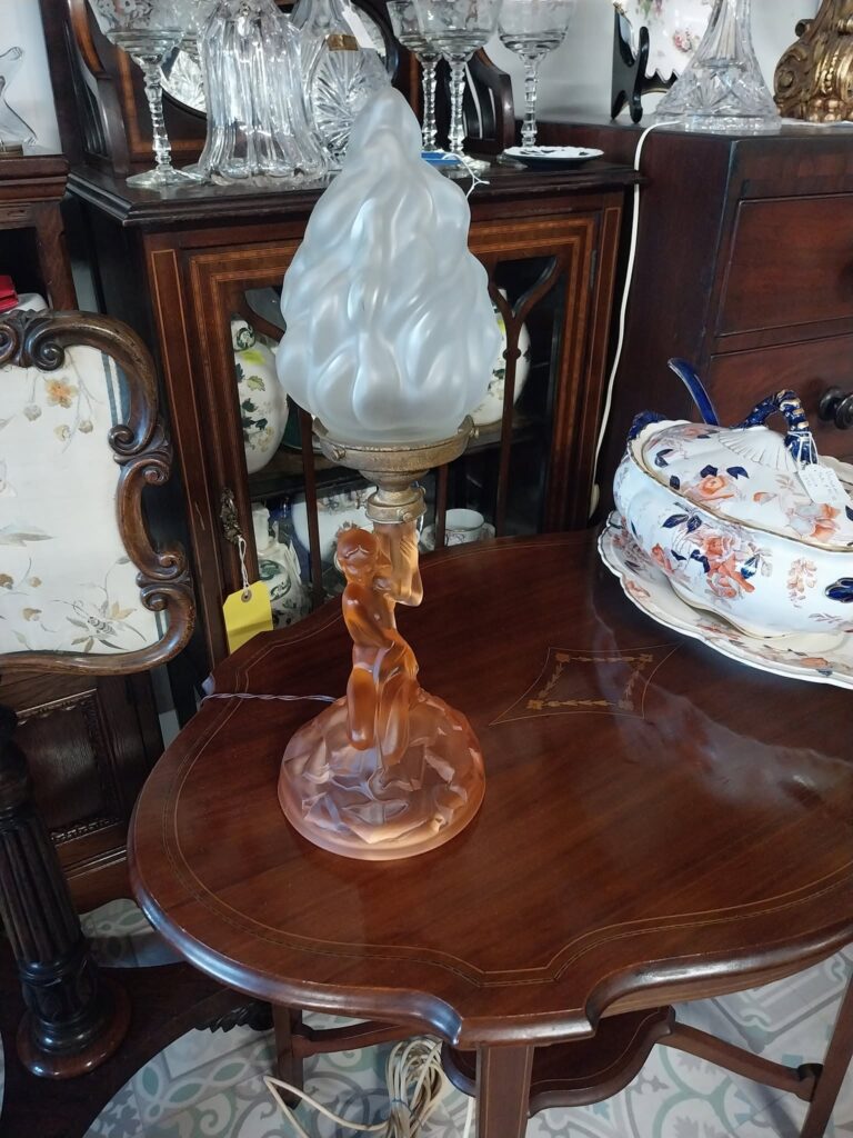 1930s Peach Glass Table Light with Original Flame Shade. In very good working condition. Measures 19" high on 9" base.