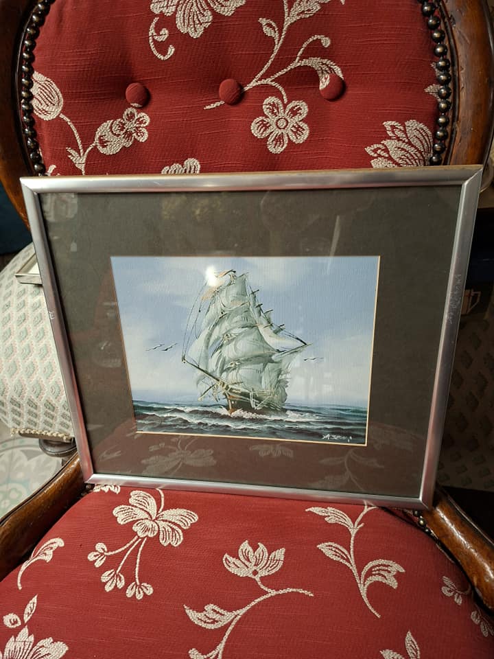 Oil on Board Sailing Ship. French. Frame measures 16" by 13" Excellent condition.