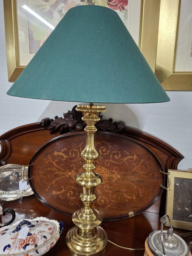 Japanese Vintage Heavy Stacked Brass Table Lamp. Circa 1960s. Measures 30" high on 7.5" round base. In very good condition.