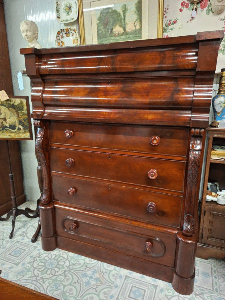 Victorian Mahogany Scotch Chest of Drawers
with secret compartment Circa 1870. Five drawers, 4 graduating size. In Nice clean condition. Separates into two pieces for ease of Transport. Measures 61" high, 21" deep by 46.5" wide
