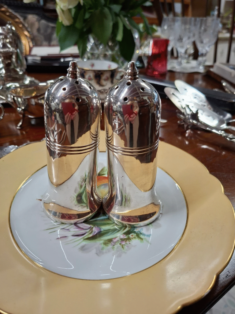 Pair of 1950s Newbridge Silver-Plate Salt and Pepper Shakers. Measures 4.5" high. Excellent condition €28