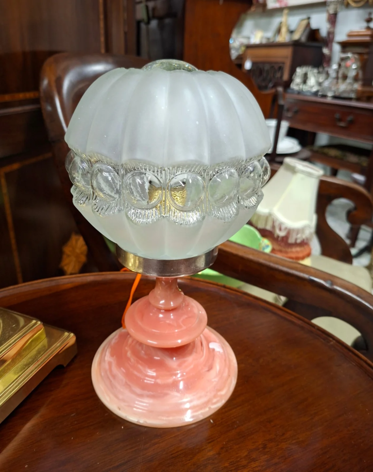 Vintage Portuguese Marbled Bakelite Table lamp with frosted glass shade circa 1970's. Excellent condition. Measures 10.5" high on 5.5" base