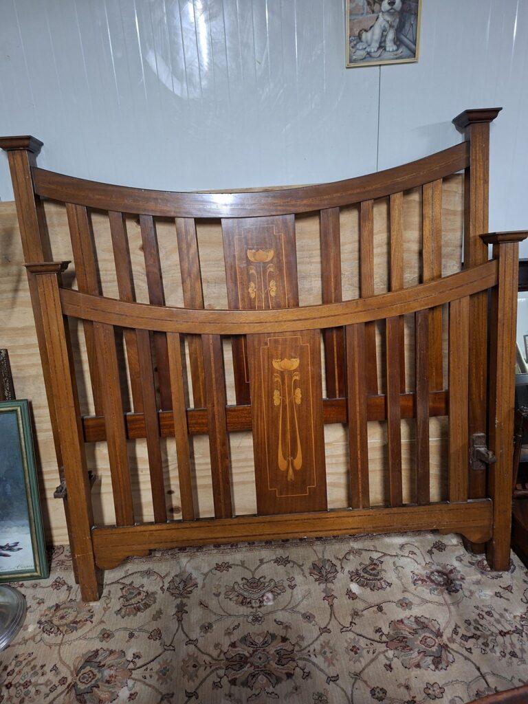 Art Noveau Inlaid Mahogany bed ends with side irons, 5 feet. Very good condition €195