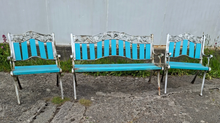 Vintage Cast Iron Garden/Patio Bench and Two Armchairs, in very good condition. Measures: Bench 50" wide by 33" high by 14" deep. Armchairs, 24" wide by 32" high by 15.5" deep